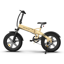 Vélo électrique beige avec une grande puissance pour grimper sur les terrains plats.