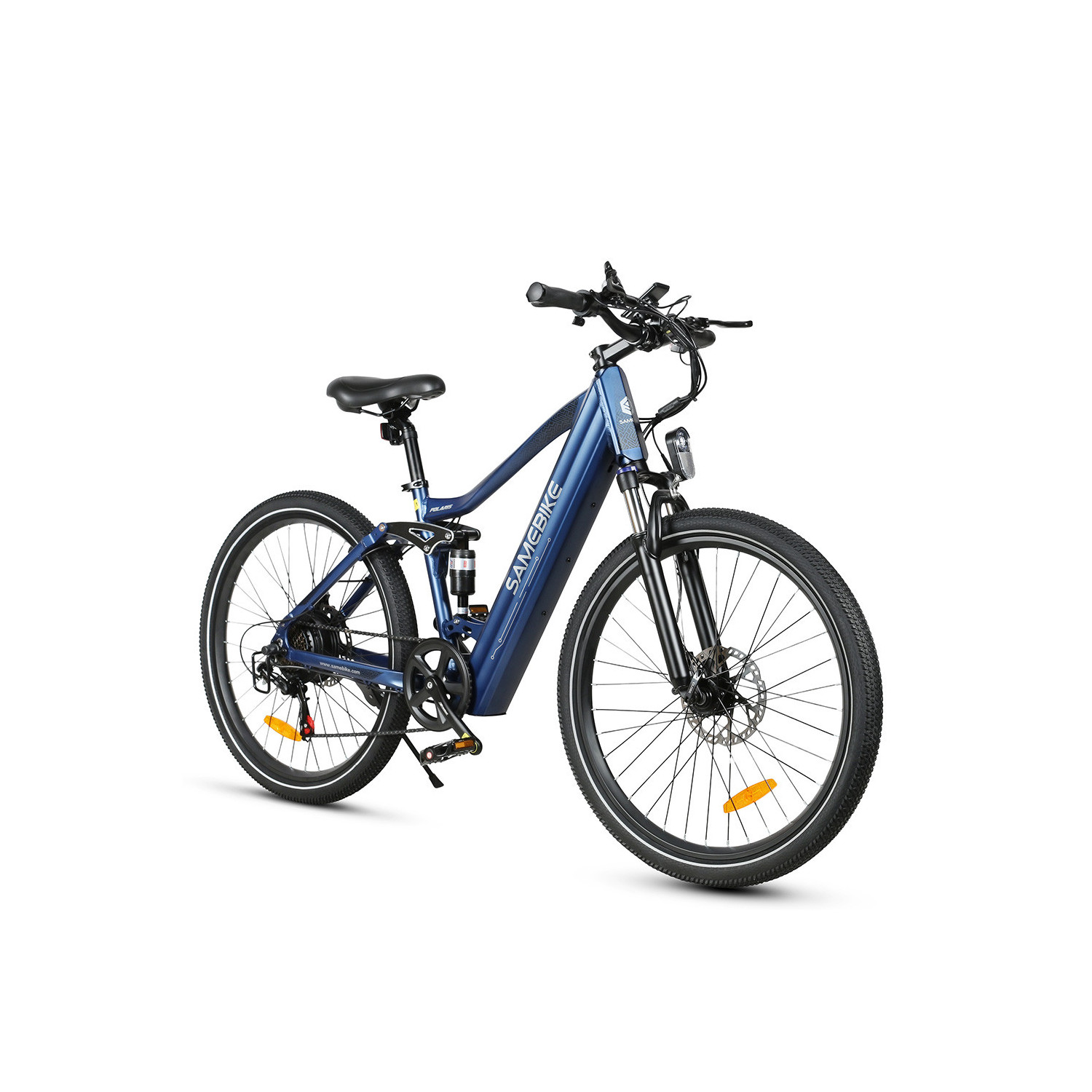 Vélo électrique bleu spécialement équipé pour les randonnées tout terrain et la ville.